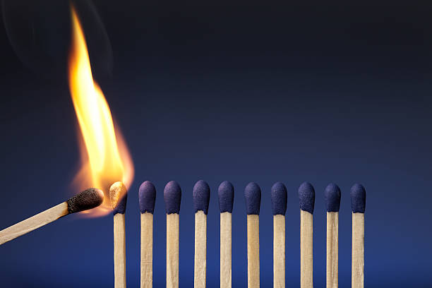 Lit match next to a row of unlit matches A photograph of blue-tipped matches on a blue background.  A single lit match is coming in from the left side of the image and beginning to ignite the leftmost match.  The tip of the lit match is black, and the flame is orange.  The background of the picture is deep blue at the top and gradually lightens to a brighter blue as it reaches the bottom of the image. guru photos stock pictures, royalty-free photos & images