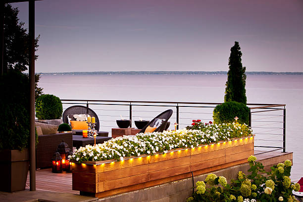 istock Patio over looking the lake at sunset. 159757013