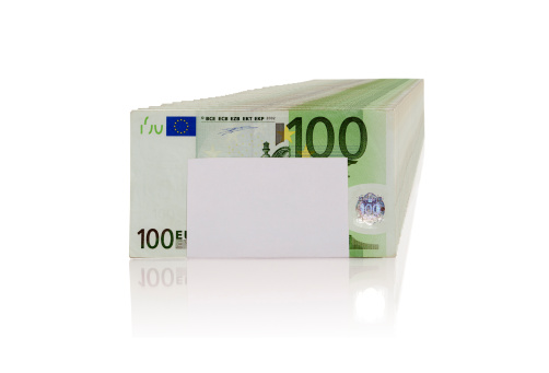 One hundred euro bill against white background - shadow depth of field