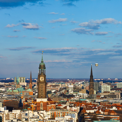 View over the Hamburg city, germany. In the front the St. Michaelis church (Michel)