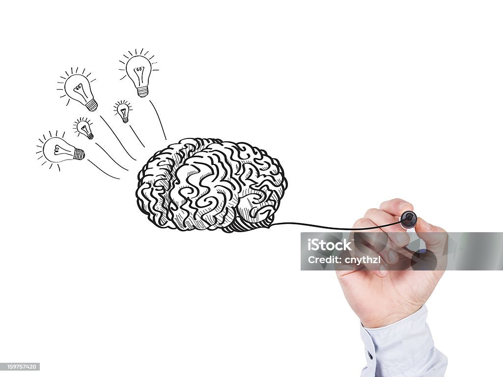 Cerveau humain main écrit sur un tableau blanc - Photo de Fond blanc libre de droits