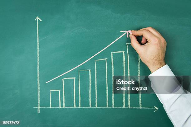 Close Up Of Chalkboard With Finance Business Graph Stock Photo - Download Image Now - Moving Up, Chart, Growth