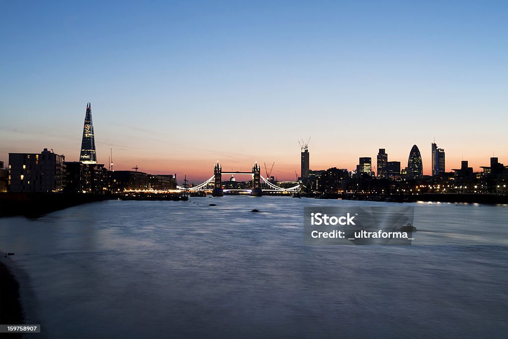 London skyline at dusk Ultra wide angle view of London's skyline at dusk London Bridge - England Stock Photo