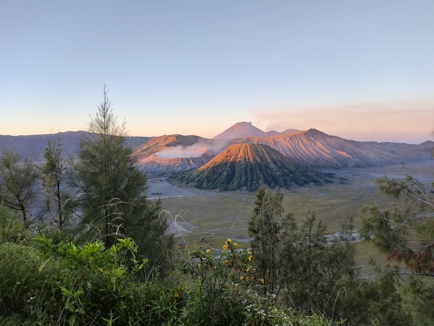 The view of Mount Bromo in Indonesia in the morning is beautiful with good weather.