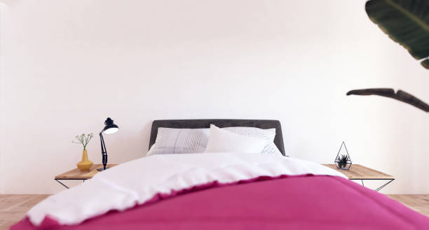 empty bedroom in hotel cozy home interior bed, pink quilt and white wall background. Blurred face, clear back 3D rendering.
