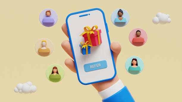 istock Smartphone with gift boxes and referening friends concept. Referral system, refer friend, making money recommending new group 3d style. Referral marketing program. Group customers. 3d illustration 1597612387