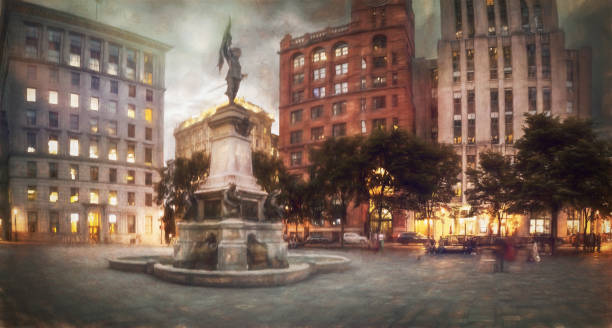 Historic Place D'Armes Square in Old Montreal Place D'Armes Square in historic Old Montreal featuring a statue of Paul De Chomedey,  one of Montreal's most prominent founders. place darmes montreal stock pictures, royalty-free photos & images