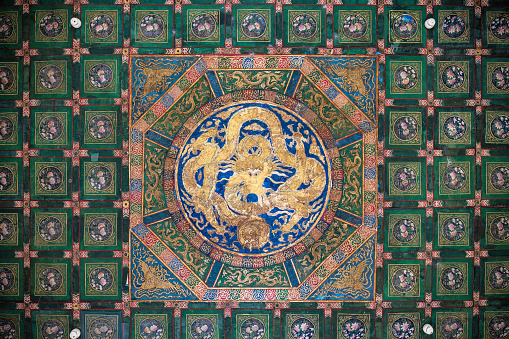 Dragon-shaped pattern on the ceiling of the Forbidden City in Beijing, China