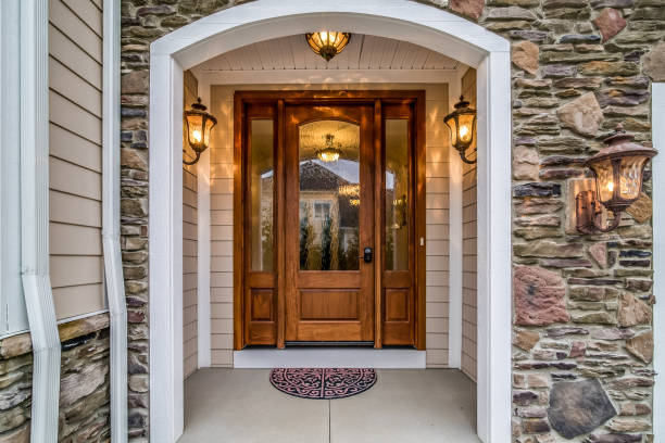 istock Wood and stone combination on front porch 1597662544