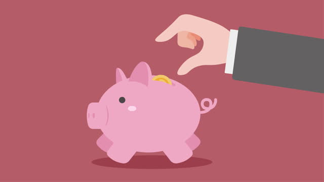 Money Savings, Hand Putting Coin a Piggy Bank. 2D Animation. Loop, 4K.