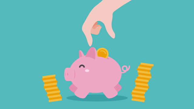 Money Savings, Hand Putting Coin a Piggy Bank. 2D Animation. Loop, 4K.