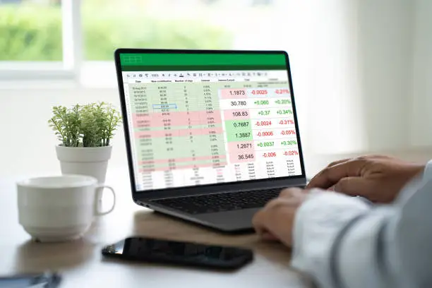 Photo of businessman working with data and graphs in spreadsheet documents for online analysis Microsoft Excel project dashboard accounting digital