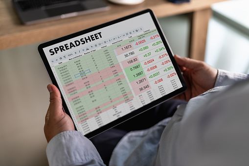 business financial Spreadsheet Document Information Data Analyst Statistics Spreadsheet On Computer: Datum Chart Budget planning and billing