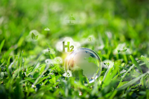 Um conceito metaforicamente retratando o hidrogênio como uma fonte de energia ecológica, H2 eco tecnologia Renewable Clean energy. - foto de acervo