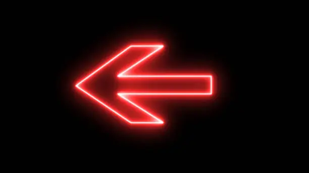 Photo of Red bright neon left abstract directional icon. vector, arrow, direction. neon glowing arrows. Direction banner. Futuristic light on black background.