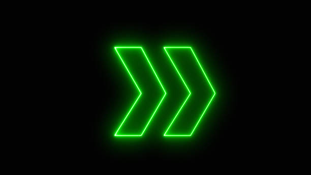 istock Green arrows pointing right Neon light.  direction concept.  Right glowing neon direction at night. Lighting sparrow sign.  Flashing direction indicators. 3d render 1597758872