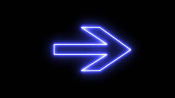 Photo of Glowing neon arrow direction on black background. Bright neon right abstract directional icon. vector, neon glowing arrows. Direction banner. Futuristic light on black background.