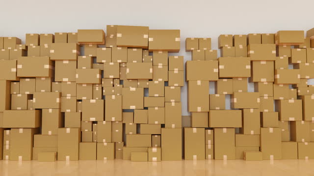Stack of cardboard box carton or parcel in logistics warehouse. concept of delivering goods. 3D rendering. 4K