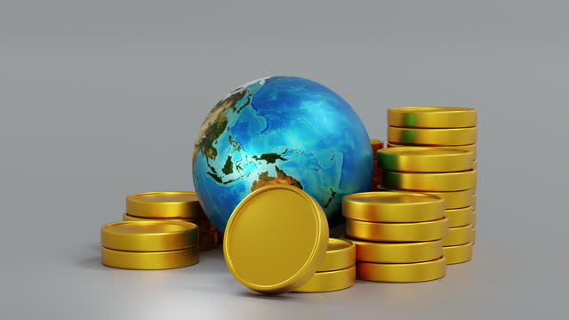 Planet earth and stack of coin, concept of global business, 3D rendering. 4K