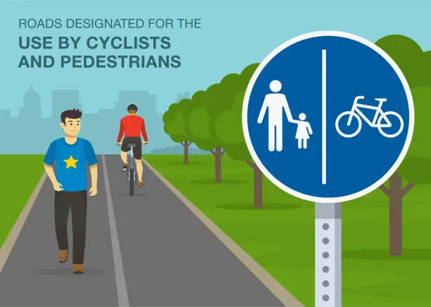 Vector illustration of Common traffic or road rules. Close-up view of a sign. Roads designated for the use by pedestrians and cyclists sign.