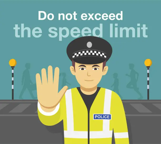Vector illustration of British traffic police officer stops the car and warning drivers to do not exceed the speed limit. Front view.