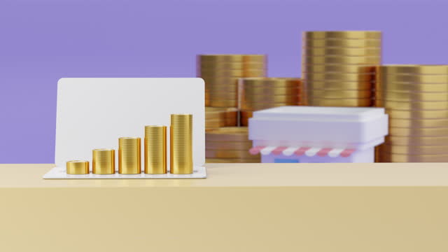 3d animation cartoon financial money chart working on good profit , show on laptop. 4k.