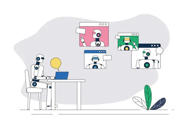 Vector illustration of A group of robots are having a video conference.