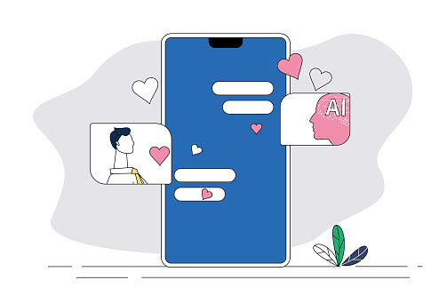 Artificial intelligence and white-collar workers are chatting in love on mobile phones.