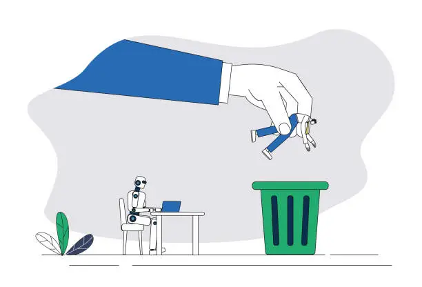 Vector illustration of Robots replace human jobs, businessmen are thrown in the trash.