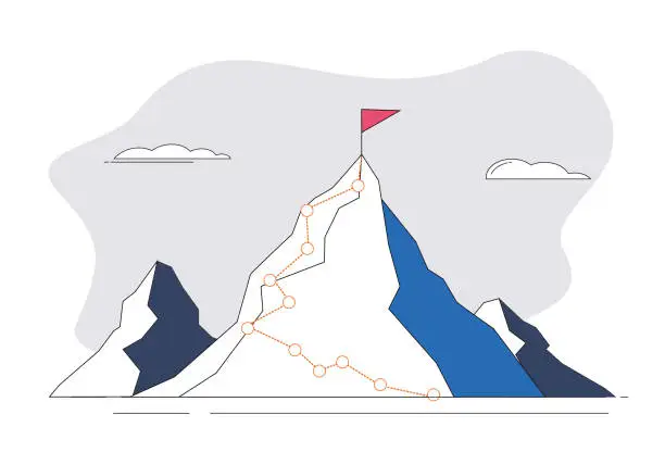 Vector illustration of Mountains, flags, goals, lines.