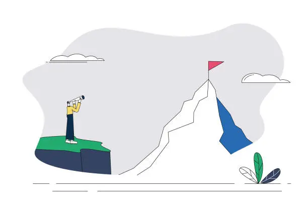 Vector illustration of Men, binoculars, mountains, flags, lines.