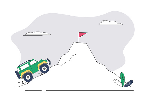 The off-road vehicle climbs towards the goal on the top of the mountain.