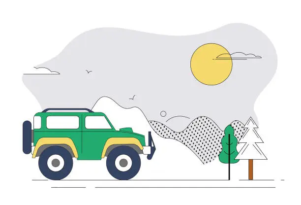 Vector illustration of Buggy, mountains, sun, trees.