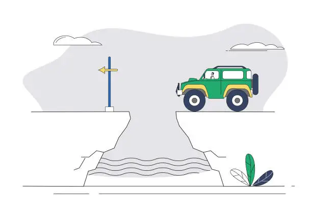 Vector illustration of The off-road vehicle is obstructed by a cliff and cannot continue moving forward.