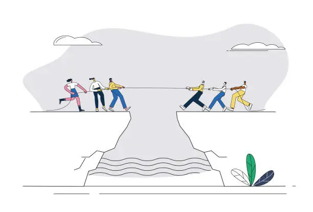 Vector illustration of A group of men and women are competing in a tug of war on a cliff.