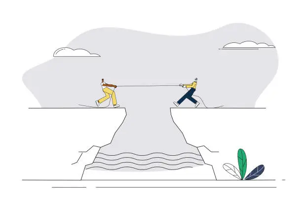 Vector illustration of Two men compete in a tug-of-war on a cliff.