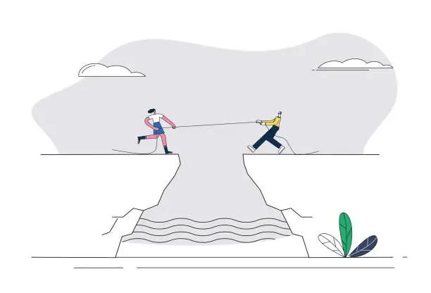 Vector illustration of A man and a woman compete in a tug-of-war on a cliff.