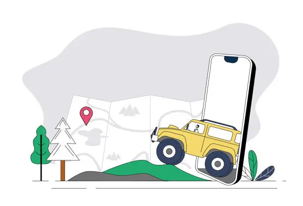 Vector illustration of off-road vehicle, mobile phone, navigation,