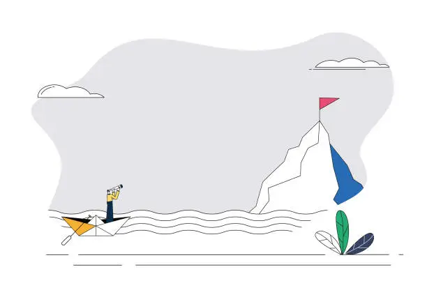 Vector illustration of Businessman looking at target on top of mountain with binoculars in big sea boat.