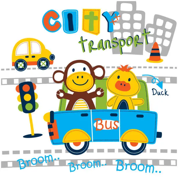 Vector illustration of monkey and duck on the bus funny cartoon,vector illustration