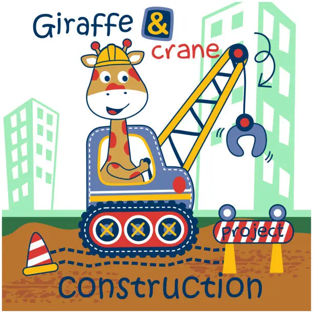 Vector illustration of giraffe and crane funny cartoon,vector illustration