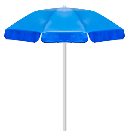 Blue beach umbrella isolated on white background with clipping path