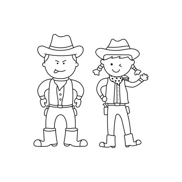 Vector illustration of Hand drawn Kids drawing Cartoon Vector illustration cowboy and cowgirl characters icon Isolated on White Background