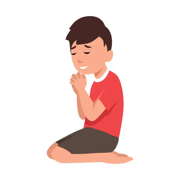 Vector illustration of cute little boy praying on the ground folded his hand. flat vector illustration isolated on white background