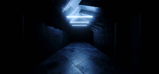 istock Sci Fi Modern Cement Concrete Dark Led Tubes Neon Glowing Blue Tunnel Corridor Hangar Hallway Warehouse Underground Studio Showroom 3D Rendering 1597792170