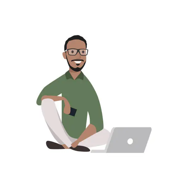 Vector illustration of Cool man siting on the floor working on his laptop flat vector illustration