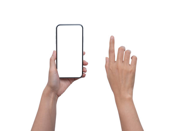 istock Isolated woman hands holding smartphone and touching on virtual screen on white background, vertical position 1597812164