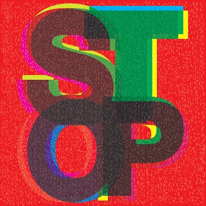 STOP word CMYK colors overlap transparent with riso print effect vector illustration. Colorful graphic elements retro risograph technique.