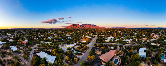 Aerial panoramic image of the foothills of Tucson and the beautiful Santa Catalina Mountain Range.
