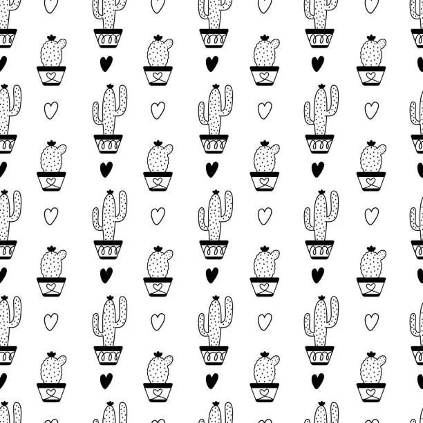 Vector illustration of Black and white potted cactus doodle seamless pattern